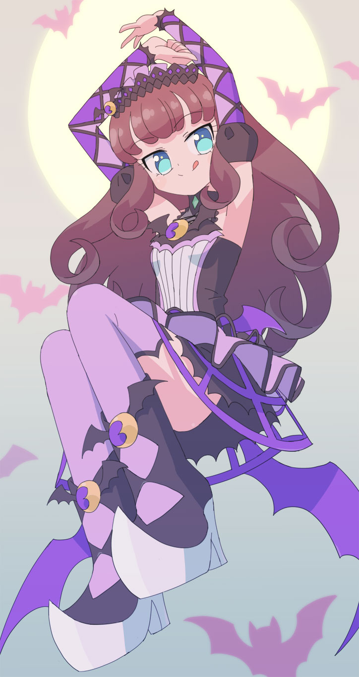 1girl, arms_up, bat_(animal), black_boots, black_dress, black_hairband, blue_eyes, boots