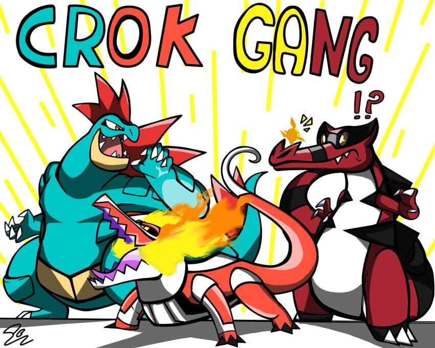 !?, crocodilian, crocodilian_tail, feraligatr, fire, gen_2_pokemon, gen_5_pokemon, happy