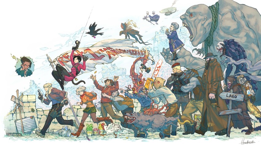 3girls, 6+boys, ada_wong, aircraft, anniversary, ashley_graham, bird, bitores_mendez, chainsaw, chicken, dog, dr._salvador, el_gigante, everyone, fangs, giant, helicopter, highres, ingrid_hunnigan, jack_krauser, jacket, leon_kennedy, leon_s._kennedy, luis_sera, merchant_(resident_evil), mixed-language_commentary, monster, multiple_boys, multiple_girls, official_art, osmund_saddler, plaga_(resident_evil), ramon_salazar, remake, resident_evil, resident_evil_4, resident_evil_4_(remake), running, sharp_teeth, suitcase, teeth, tentacles, verdugo, zombie