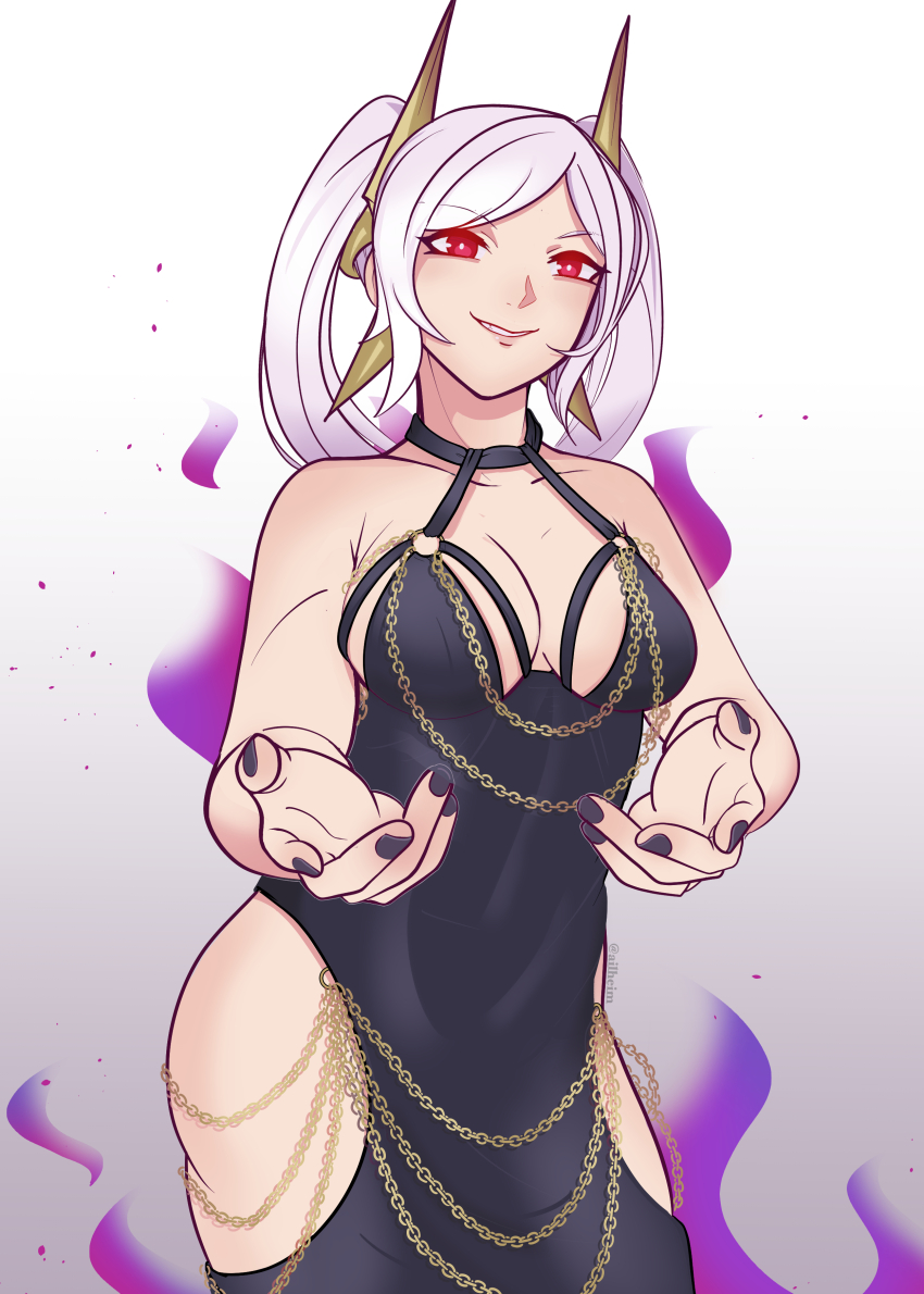 1girl, absurdres, ailheim, backless_dress, backless_outfit, black_dress, breasts, chain, cleavage, clothing_cutout, cocktail_dress, corruption, cowboy_shot, dark_persona, dress, evening_gown, evil_smile, female_robin_(fire_emblem), female_robin_(grima)_(fell_tactician)_(fire_emblem), female_robin_(grima)_(fire_emblem), fire, fire_emblem, fire_emblem_awakening, fire_emblem_heroes, gold_chain, gradient_background, grey_hair, grima_(fire_emblem), highres, hip_vent, intelligent_systems, long_hair, looking_at_viewer, low_neckline, medium_breasts, modakawa_dress, nintendo, open_mouth, possessed, possession, purple_fire, red_eyes, simple_background, sleeveless, sleeveless_dress, smile, solo, tight_clothes, tight_dress, twintails, white_hair