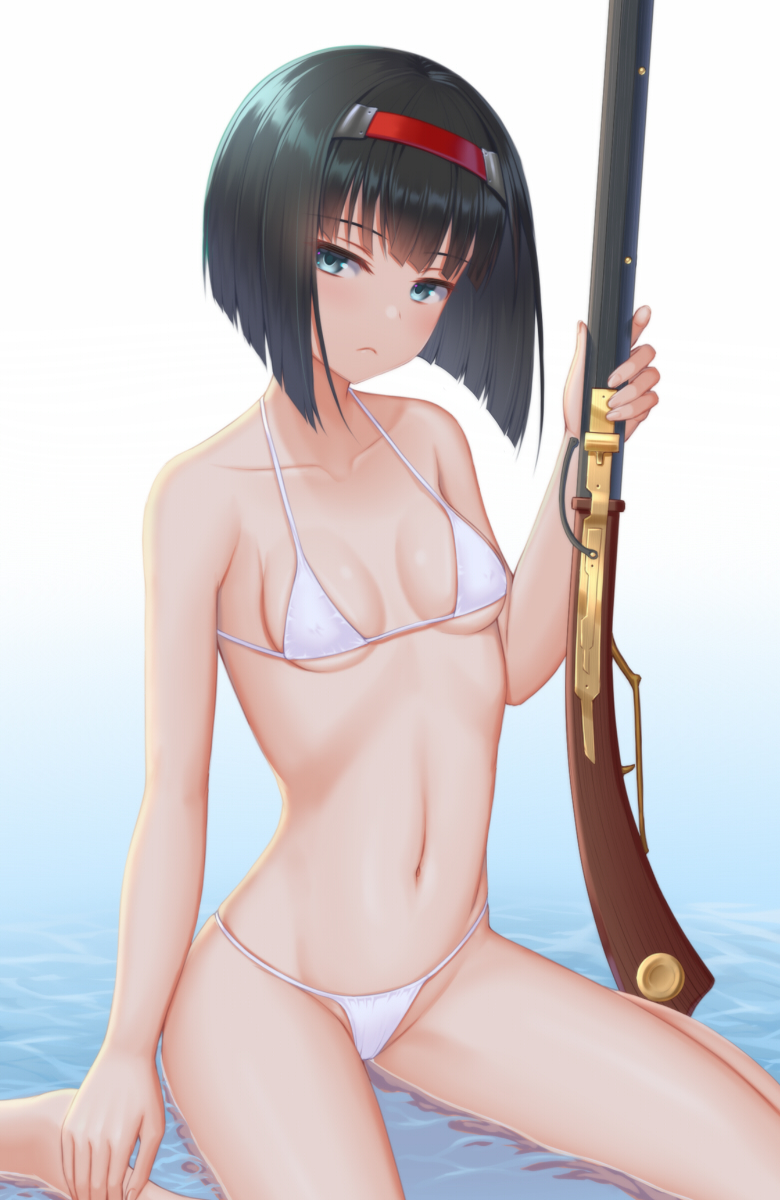 1girl, antique_firearm, barefoot, bikini, blue_eyes, bob_cut, breasts, collarbone