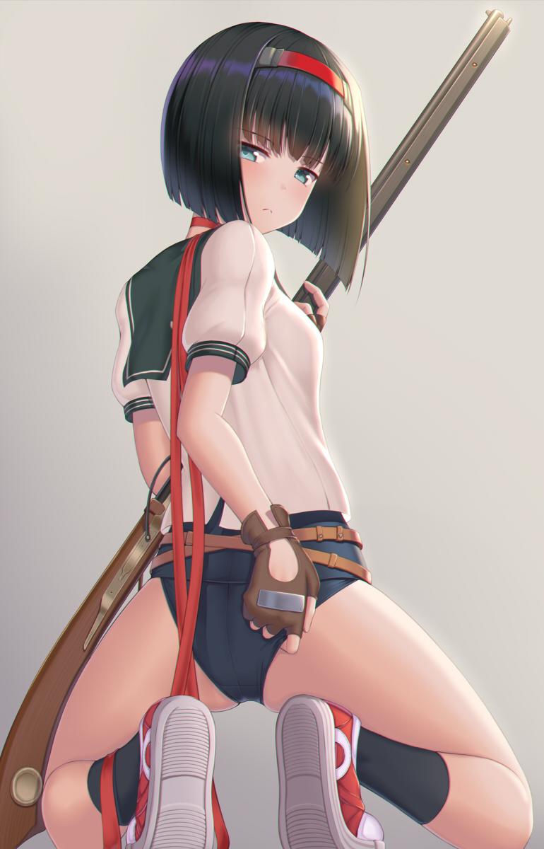 1girl, antique_firearm, ass, black_sailor_collar, black_socks, blue_eyes, bob_cut, breasts