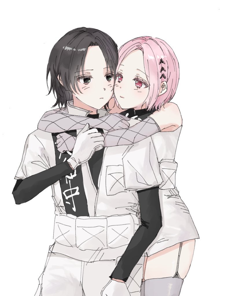 1boy, 1girl, 2my1s, black_eyes, black_hair, black_sleeves, blush, choujin_x