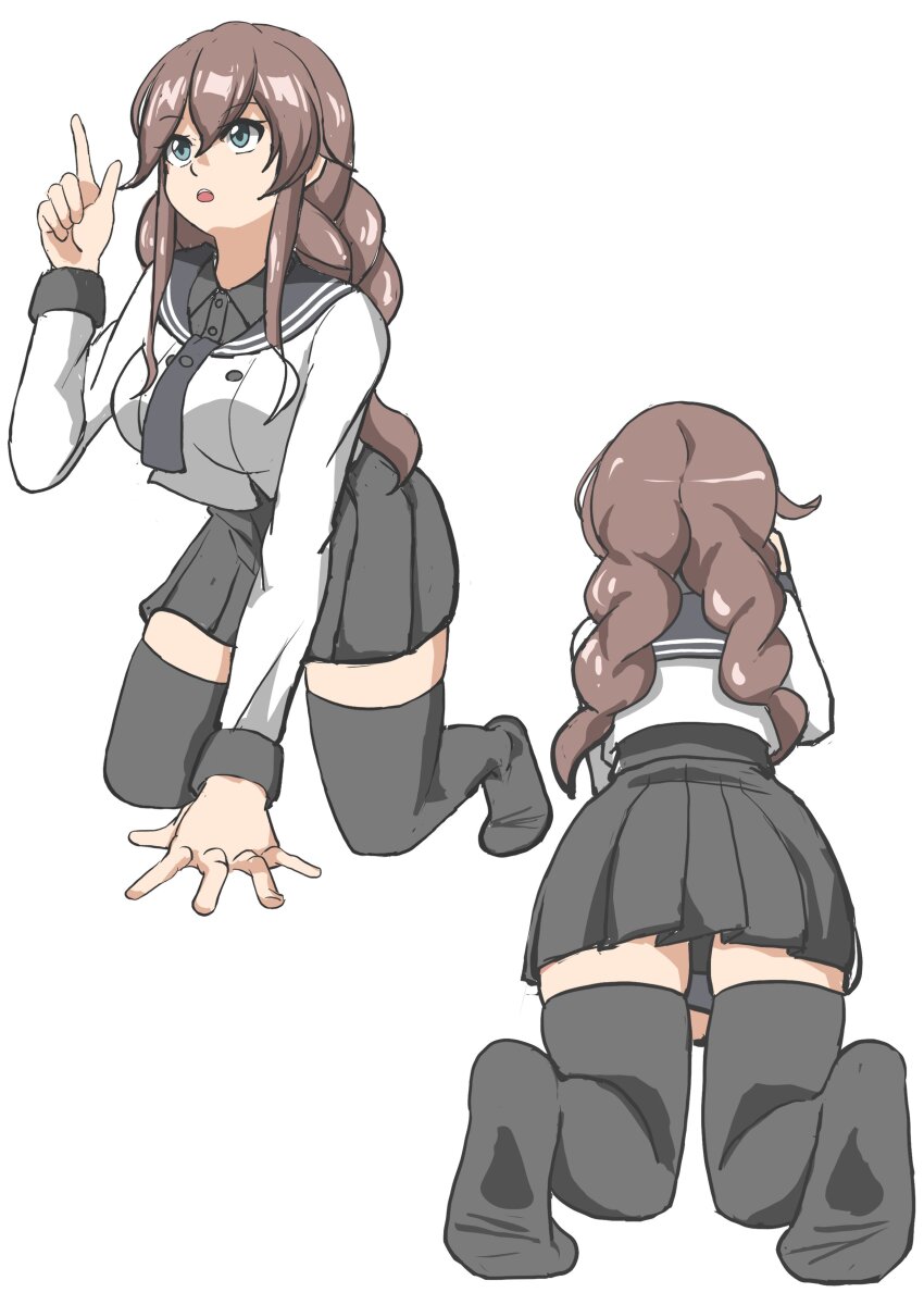 1girl, absurdres, all_fours, black_sailor_collar, black_skirt, black_thighhighs, braid, breasts