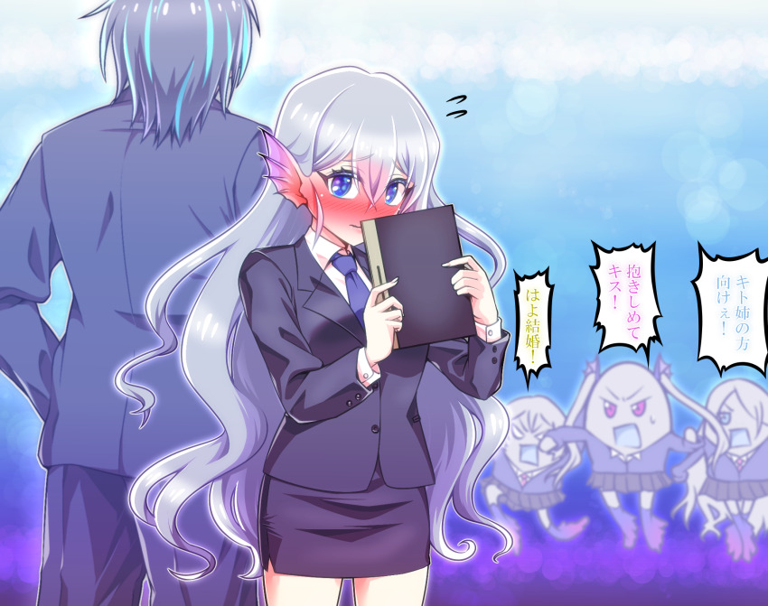 1boy, 4girls, alternate_costume, black_hair, blue_eyes, blue_hair, blush, cowboy_shot