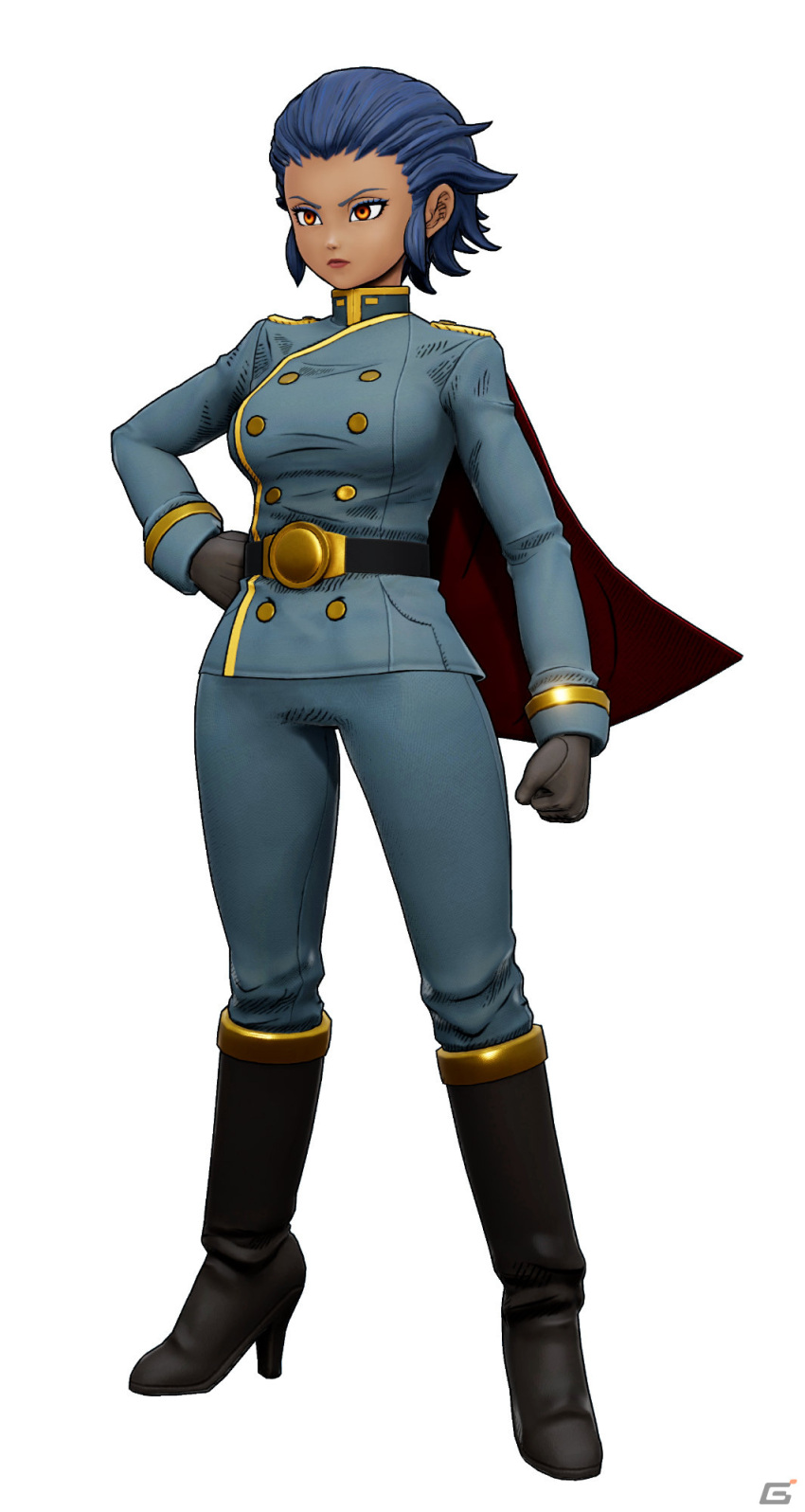 1girl, 3d, belt, boots, breasts, cape, dark-skinned_female, dark_skin