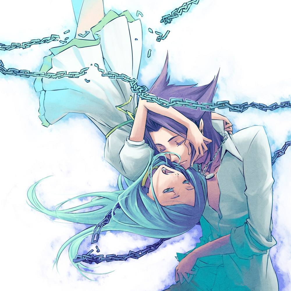 10s, 1boy, 1girl, blue_eyes, blue_hair, chain, closed_eyes, comforting, couple, dress, head_(star_driver), hetero, jewelry, kita_no_miko, long_hair, miyabi_reiji, necklace, purple_hair, sakana_(star_driver), shirt, short_hair, star_driver, suzuoka_mizuki, upside-down