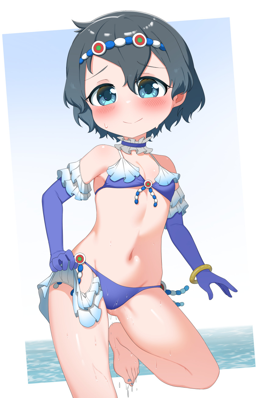 1girl, absurdres, bare_shoulders, bikini, black_hair, blue_bikini, blue_choker, blue_gloves, blush, breasts, chis_(js60216), choker, cosplay, elbow_gloves, frilled_bikini, frilled_choker, frilled_gloves, frills, gloves, highres, kaban_(kemono_friends), kemono_friends, kemono_friends_3, loli, midriff, navel, ocean, short_hair, small_breasts, solo, steller's_sea_cow_(kemono_friends), steller's_sea_cow_(kemono_friends)_(cosplay), swimsuit, white_hair