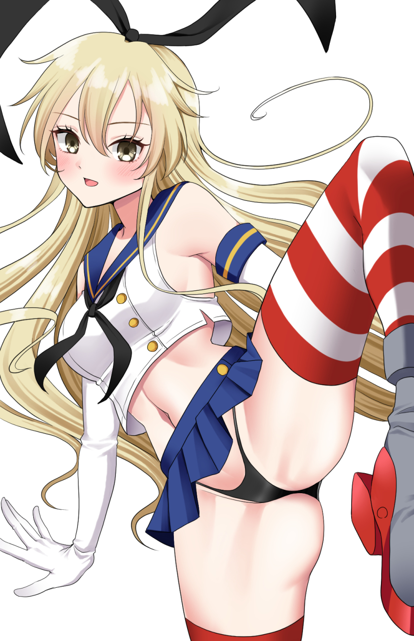 1girl, ass, black_neckerchief, black_panties, blonde_hair, blue_sailor_collar, blue_skirt, blush