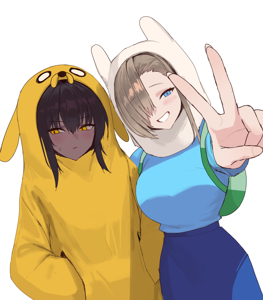 2girls, absurdres, adventure_time, animal_hood, asuna_(blue_archive), averting_eyes, backpack, bag, black_hair, blue_archive, blue_eyes, blue_shirt, blue_skirt, blush, brown_hair, closed_mouth, cosplay, crownmome, dark-skinned_female, dark_skin, dog_hood, finn_the_human, finn_the_human_(cosplay), grin, hair_over_one_eye, hands_in_pockets, highres, hood, hood_up, jake_the_dog, jake_the_dog_(cosplay), karin_(blue_archive), long_sleeves, looking_at_viewer, multiple_girls, missing_halo, onesie, outstretched_arm, shirt, simple_background, skirt, smile, v, white_background, yellow_eyes