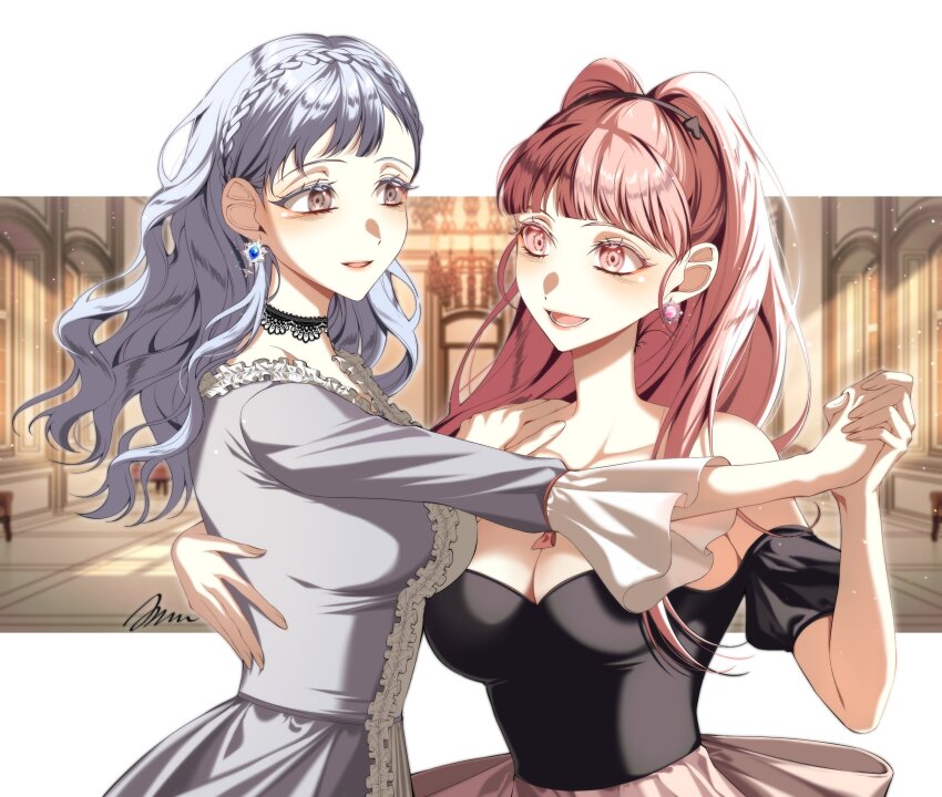 2girls, :d, a_(asan_a_aa), absurdres, alternate_costume, alternate_hairstyle, bare_shoulders, black_choker