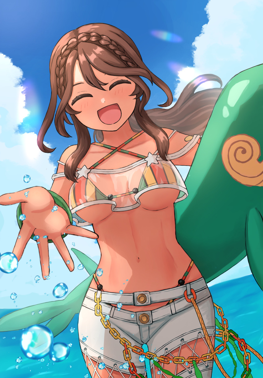 1girl, absurdres, andromeda_(fate), andromeda_(second_ascension)_(fate), bikini, braid, breasts, brown_hair, chain, closed_eyes, crown_braid, fate/grand_order, fate_(series), highres, hotarubi_(hotarubie), inflatable_toy, inflatable_whale, long_hair, medium_breasts, navel, ocean, see-through_clothes, splashing, striped_bikini, striped_clothes, swimsuit, vertical-striped_bikini, vertical-striped_clothes, water