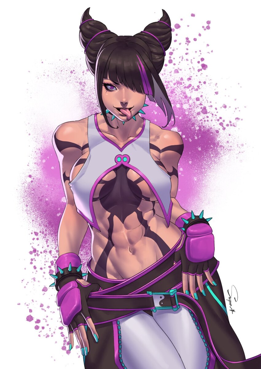 1girl, abs, breasts, capcom, collar, drill_hair, female_focus, fingerless_gloves