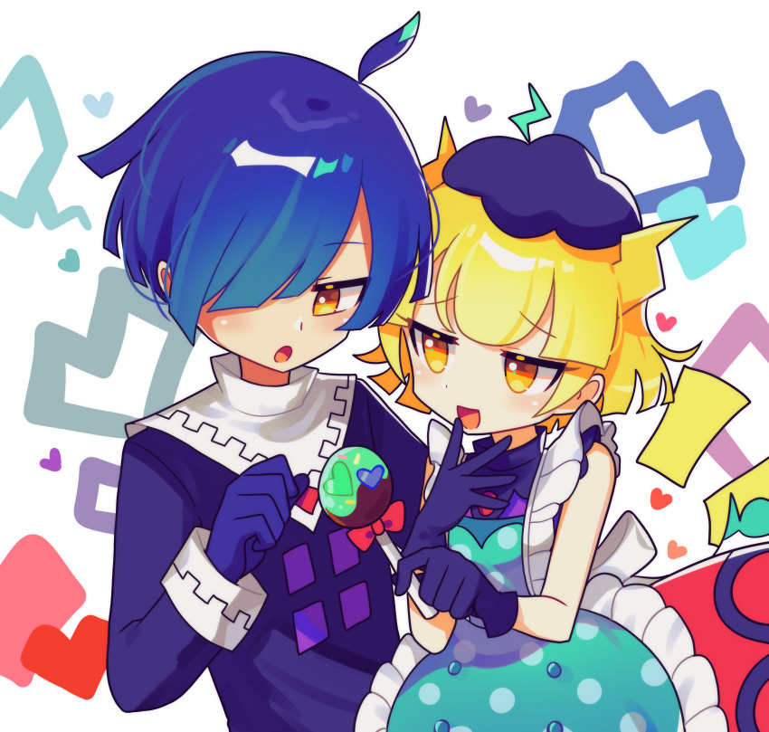 1boy, 1girl, absurdres, black_gloves, blonde_hair, blue_hair, brown_eyes, candy