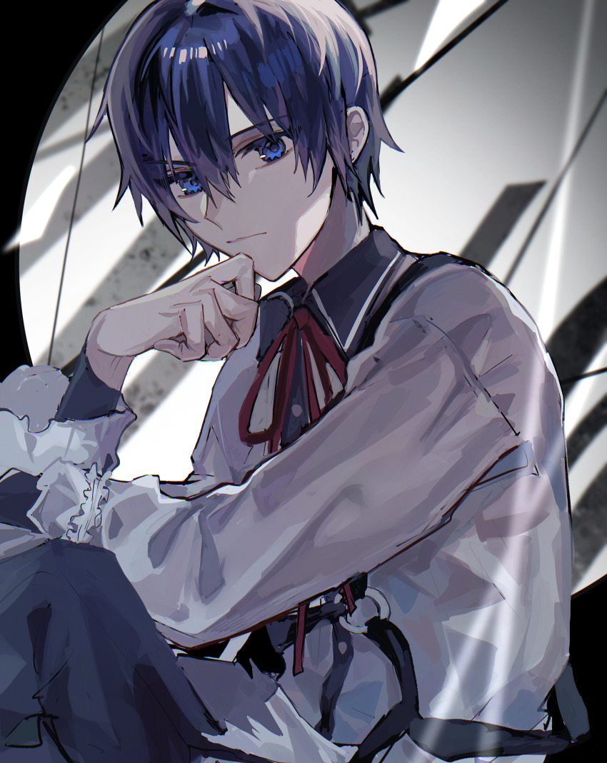 1boy, 25-ji_kaito, absurdres, bishounen, blue_eyes, blue_hair, collared_shirt, commentary_request