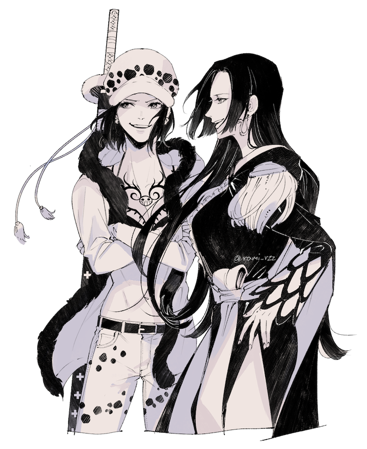 2girls, boa_hancock, bra, canon_genderswap, cape, chest_tattoo, coat, cowboy_shot, crossed_legs, earrings, epaulettes, floating_hair, genderswap, genderswap_(mtf), greyscale, hand_on_own_hip, hat, hime_cut, holding, holding_sword, holding_weapon, hood, hooded_cape, jewelry, long_hair, long_sleeves, looking_ahead, looking_to_the_side, monochrome, multiple_girls, one_piece, one_piece:_stampede, profile, rami_rz, sash, short_hair, simple_background, smile, snake_earrings, sword, tattoo, thai_commentary, trafalgar_law, trafalgar_law_(female), twitter_username, underwear, weapon