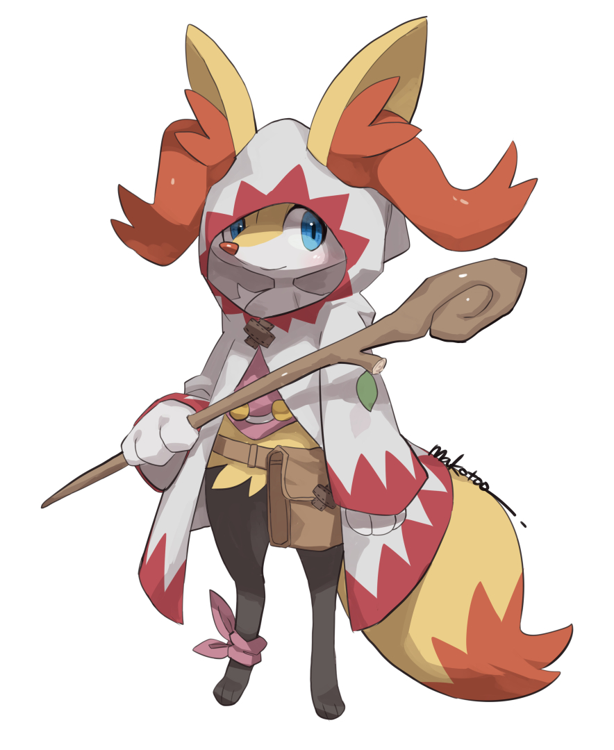artist_name, belt_pouch, blue_eyes, braixen, closed_mouth, commentary_request, cosplay, final_fantasy