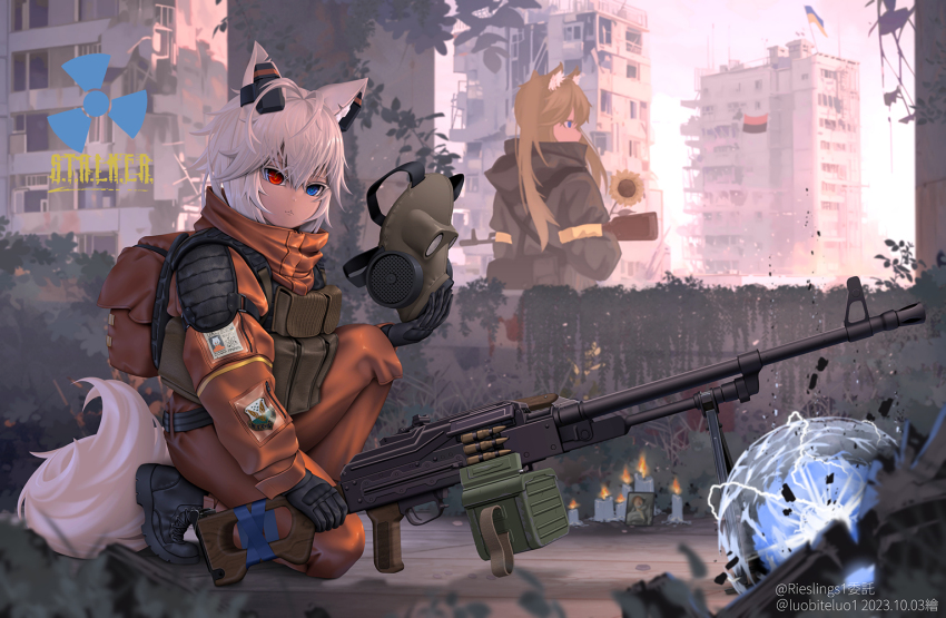 2girls, abandoned, animal_ear_fluff, animal_ears, anomaly_(stalker), assault_rifle, backpack, bag, black_footwear, black_gloves, boots, brown_hair, bulletproof_vest, dated, ear_protection, fang_zhenjun, flower, fox_ears, fox_tail, full_body, gas_mask, gloves, gun, hazmat_suit, heterochromia, holding, holding_gun, holding_weapon, kalashnikov_rifle, load_bearing_vest, looking_at_viewer, looking_to_the_side, machine_gun, mask, military, mixed-language_commentary, multiple_girls, on_one_knee, original, pkm, pouch, rifle, short_hair, stalker_(game), sunflower, tactical_clothes, tail, tape, twintails, ukraine, ukrainian_commentary, ukrainian_flag, unworn_mask, weapon, white_hair