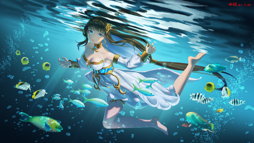 1girl, armlet, black_hair, blue_hair, bracelet, breasts, cleavage, colored_inner_hair