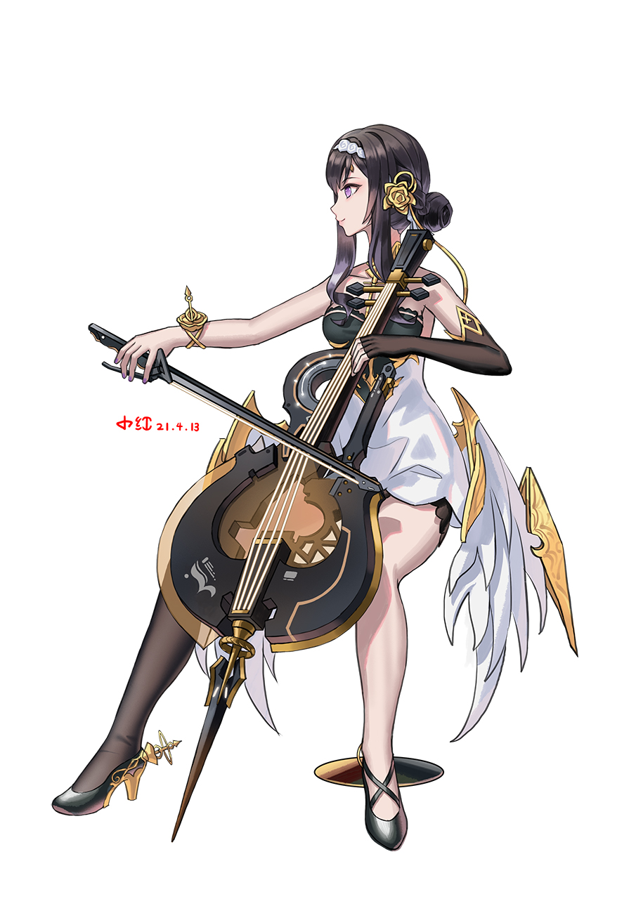 1girl, angel_wings, black_dress, black_gloves, black_hair, black_thighhighs, bow_(music), cello
