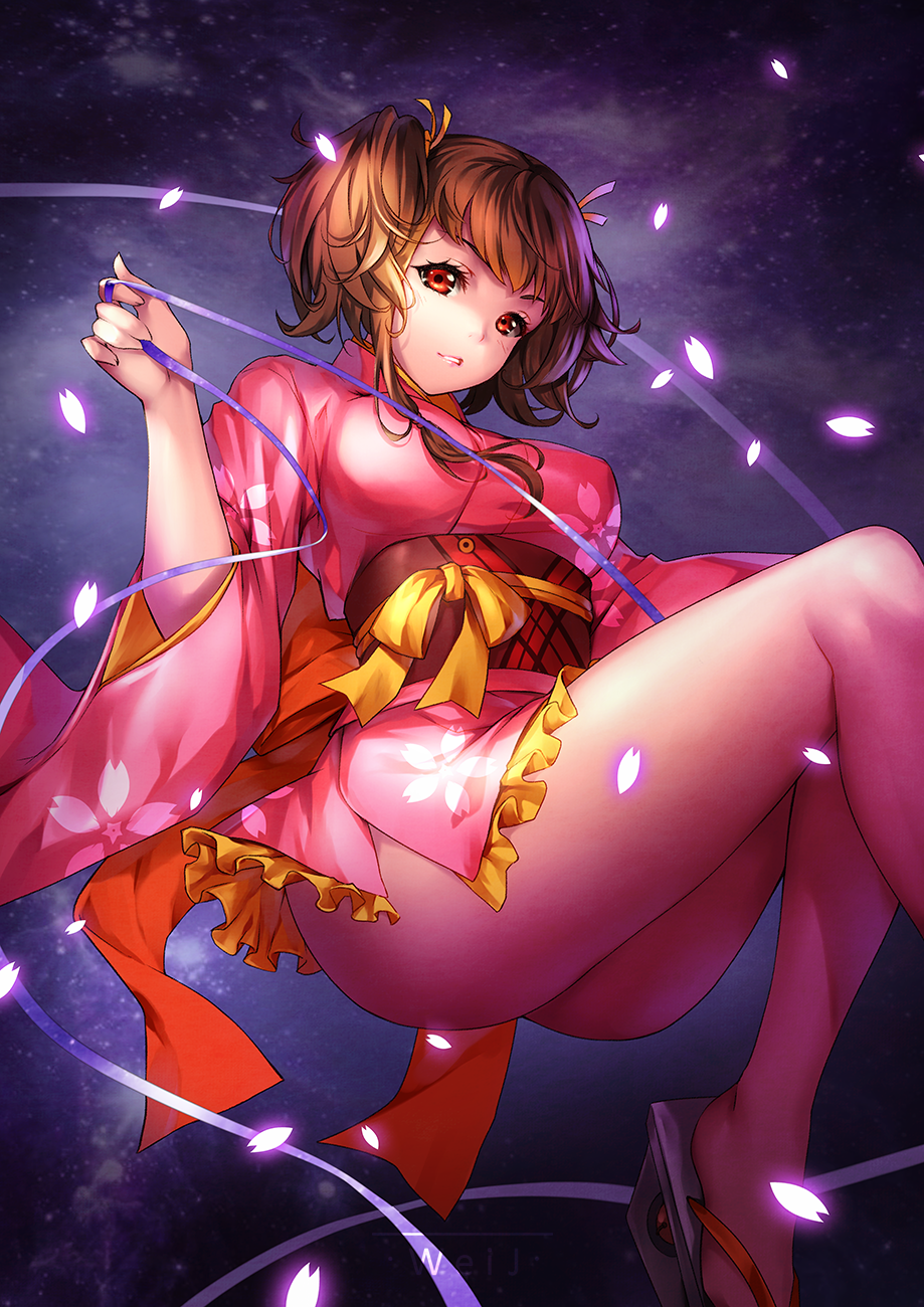 1girl, ass, breasts, brown_hair, cherry_blossoms, commentary_request, floral_print, hair_ribbon, highres, hui_jie, japanese_clothes, kimono, koutetsujou_no_kabaneri, large_breasts, long_sleeves, looking_at_viewer, mumei_(kabaneri), parted_lips, petals, photoshop_(medium), purple_ribbon, red_eyes, ribbon, short_hair, short_kimono, solo, twintails