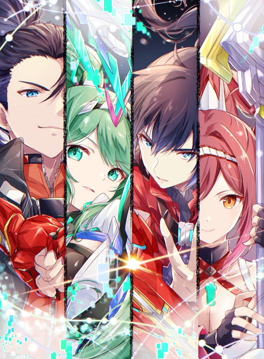 2boys, 2girls, bare_shoulders, black_hair, blue_eyes, breasts, chest_jewel, cleavage