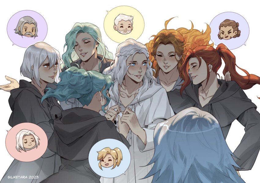 6+girls, ^_^, alternate_form, althyk, aqua_hair, artist_name, azeyma, black_capelet, black_robe, blue_eyes, blue_hair, braid, byregot, capelet, closed_eyes, collarbone, commentary, english_commentary, final_fantasy, final_fantasy_xiv, hair_between_eyes, half_up_braid, half_updo, halone, highres, holding_hands, hood, hood_down, hooded_robe, llymlaen, looking_at_another, mask, mask_around_neck, medium_hair, menphina, multiple_girls, nophica, nymeia, orange_hair, pink_eyes, ponytail, red_hair, rhalgr, robe, silketara, simple_background, single_braid, smile, sophist's_robe_(ff14), spoken_character, thaliak, unworn_mask, upper_body, venat_(ff14), wavy_hair, white_capelet, white_robe, yellow_background