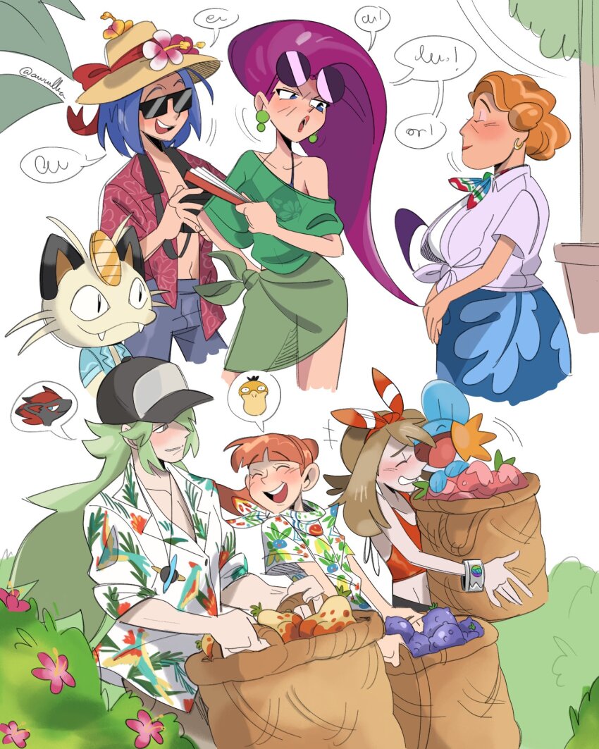 2boys, 4girls, :d, awlba, bandana, baseball_cap, blue_eyes, blunt_bangs