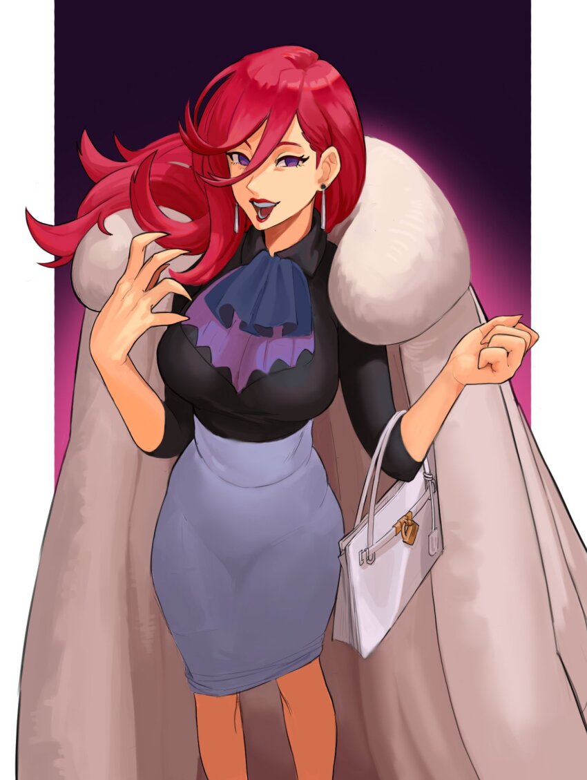 1girl, bag, clawed_hands, coat, earrings, elbow_carry, fur_coat, grey_skirt