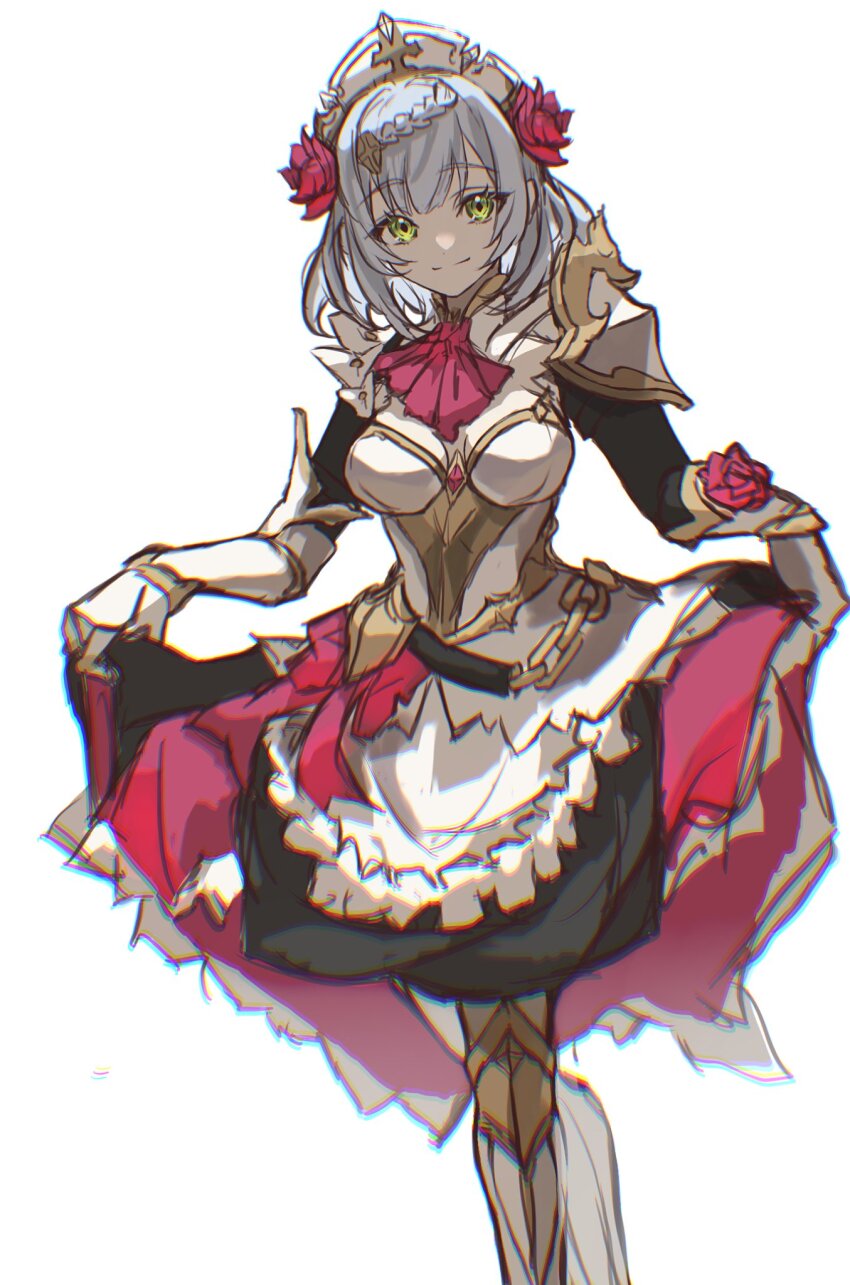 1girl, apron, ascot, black_dress, breasts, closed_mouth, dress, flower