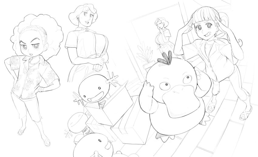 3girls, absurdres, afro, alisa_(pokemon), blunt_bangs, breasts, bright_pupils, curly_hair