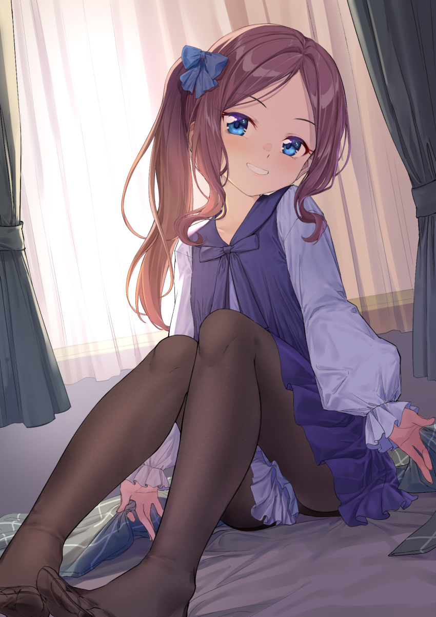 1girl, backlighting, blue_dress, blue_eyes, blush, breasts, brown_hair, brown_pantyhose, coffeekite, curtains, dress, fate/grand_order, fate_(series), forehead, grin, highres, leonardo_da_vinci_(fate), leonardo_da_vinci_(fate/grand_order), leonardo_da_vinci_(rider)_(fate), leonardo_da_vinci_(sister)_(fate), long_hair, long_sleeves, looking_at_viewer, no_shoes, one_side_up, pantyhose, parted_bangs, sitting, small_breasts, smile, solo, window