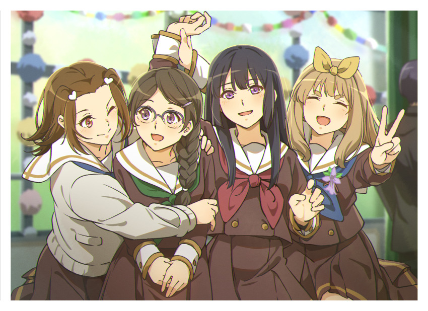 1boy, 4girls, ^_^, arm_up, black_hair, blue_neckerchief, blurry, blurry_background, blush, border, braid, brown_eyes, brown_hair, brown_serafuku, brown_shirt, brown_skirt, cardigan, closed_eyes, collarbone, commentary_request, fuyuhino, glasses, green_neckerchief, grey_cardigan, group_picture, hair_ornament, hair_ribbon, hairclip, hibike!_euphonium, hug, kabe_tomoe, kitauji_high_school_uniform, kohinata_yume, kousaka_reina, long_hair, long_sleeves, looking_at_viewer, medium_hair, multiple_girls, neckerchief, one_eye_closed, open_mouth, over-rim_eyewear, own_hands_together, pleated_skirt, purple_eyes, red_neckerchief, ribbon, sailor_collar, school_uniform, semi-rimless_eyewear, serafuku, shirt, short_hair, single_braid, skirt, v, white_border, white_sailor_collar, yellow_ribbon, yoshikawa_yuuko