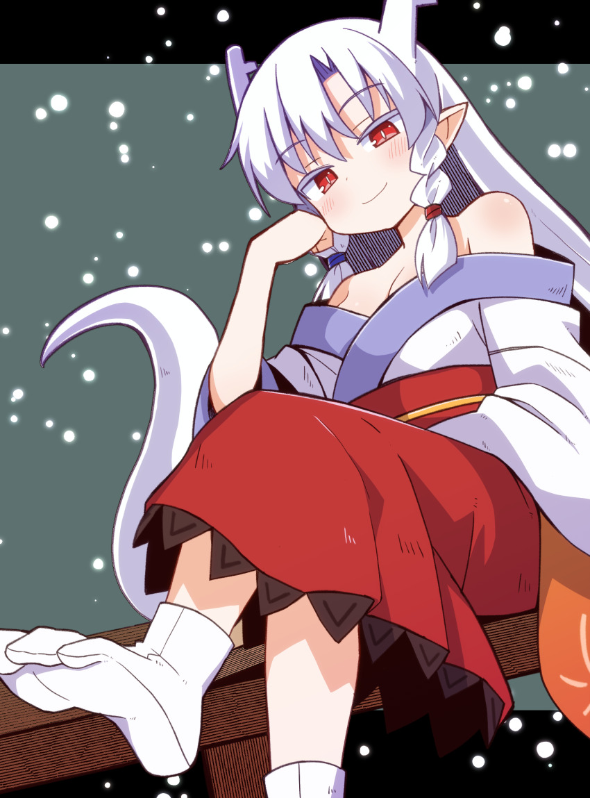 1girl, bare_shoulders, bench, braid, breasts, cleavage, commentary_request, dragon_girl