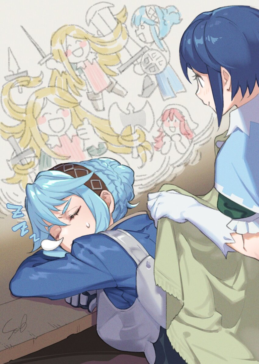 aramis_(unicorn_overlord), armor, blanket, blue_hair, braid, braided_bun, breastplate, closed_eyes