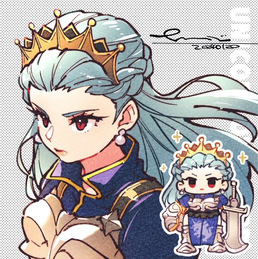 1girl, armor, blue_hair, braid, breastplate, crown, earrings, greatsword