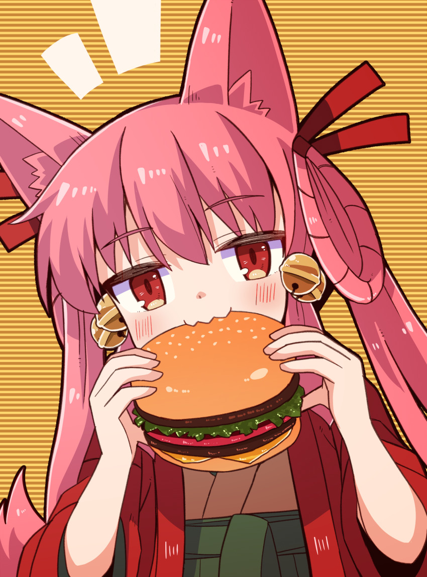 1girl, animal_ears, bell, burger, commentary_request, eating, food, fox_ears