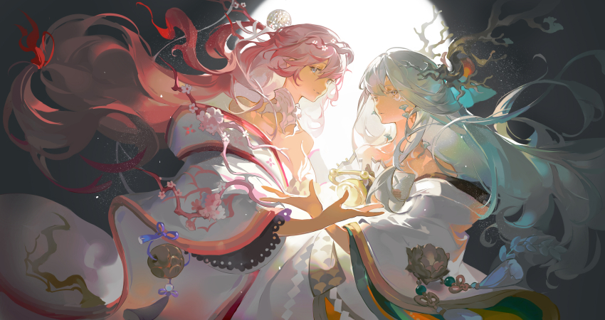 2girls, absurdres, bare_shoulders, black_background, blue_eyes, blue_hair, breasts, cherry_blossoms, chinese_commentary, chromatic_aberration, cleavage, closed_mouth, collar, collarbone, colored_eyelashes, commentary_request, detached_collar, dual_persona, floating_hair, flower, frown, full_moon, grey_eyes, hair_flower, hair_ornament, highres, hood, hood_down, horns, japanese_clothes, lace-trimmed_sleeves, lace_trim, long_hair, looking_at_viewer, low-tied_long_hair, marking_on_cheek, moon, multiple_girls, onmyoji, outstretched_arm, pink_hair, shiki_(onmyoji), small_breasts, smile, upper_body, white_collar, white_footwear, white_hood, white_sleeves, wide_sleeves, yunouou10