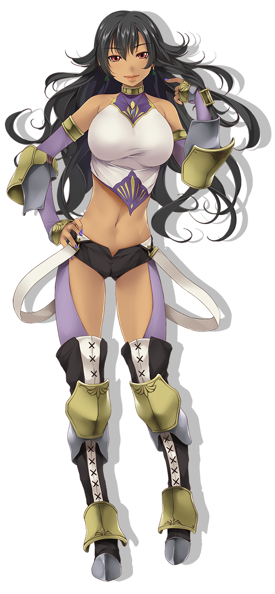 1girl, armored_boots, atelier-moo, bare_shoulders, black_hair, boots, breasts, closed_mouth