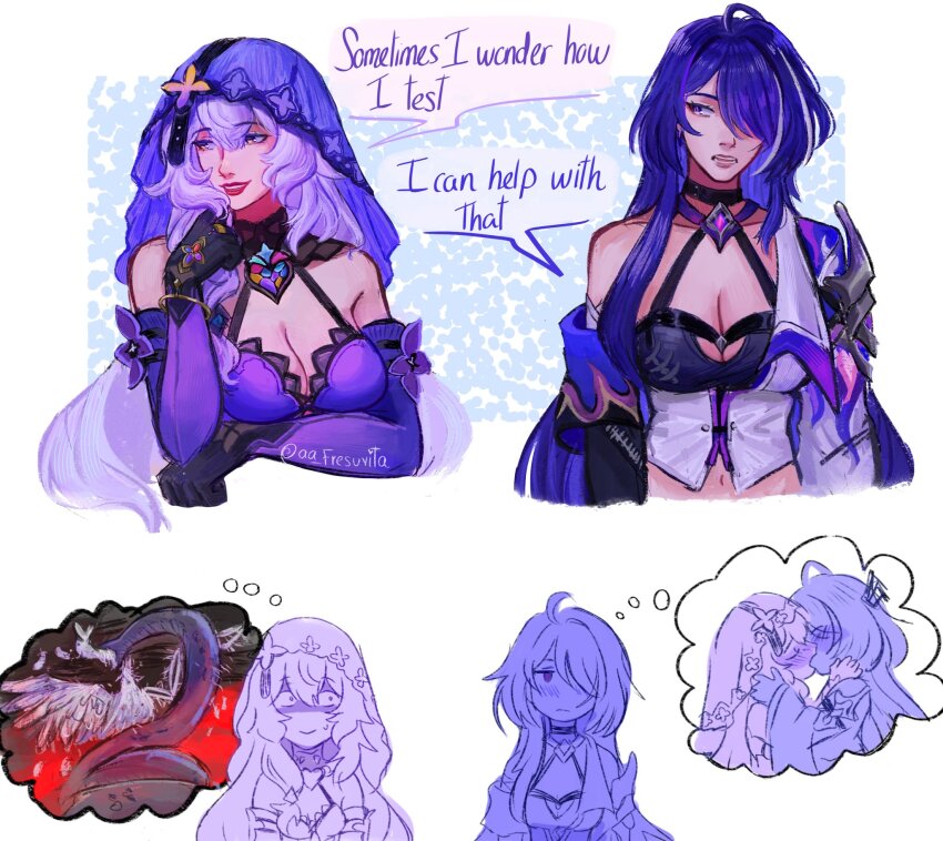 2girls, aa_fresuvita, acheron_(honkai:_star_rail), bare_shoulders, bird, black_choker, black_gloves, black_swan_(honkai:_star_rail), breasts, choker, cleavage, commentary, elbow_gloves, english_text, gloves, grey_hair, halterneck, highres, honkai:_star_rail, honkai_(series), how_i_taste_(meme), kiss, large_breasts, long_hair, medium_breasts, meme, midriff, multicolored_hair, multiple_girls, multiple_views, navel, purple_hair, snake, speech_bubble, streaked_hair, swan, thought_bubble, veil, very_long_hair, yellow_eyes, yuri