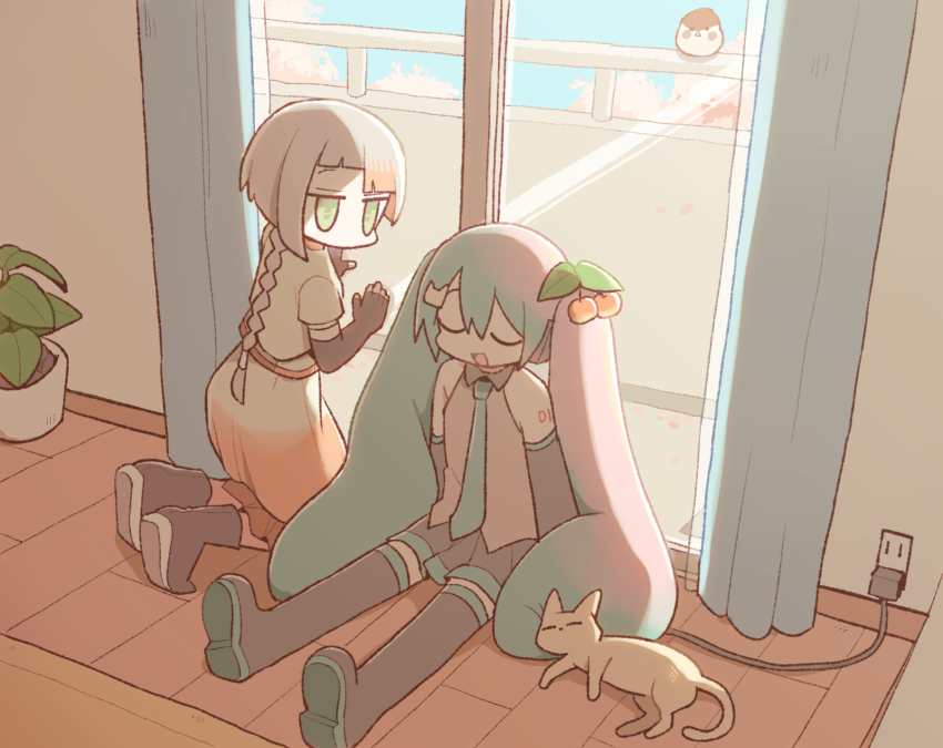 2girls, aqua_hair, aqua_necktie, asymmetrical_bangs, balcony, bare_shoulders, bird, black_footwear, black_gloves, boots, braid, cat, charging_device, cherry_hair_ornament, chis-a, closed_eyes, curtains, day, detached_sleeves, elbow_gloves, fingerless_gloves, food-themed_hair_ornament, gloves, gomahichi, gradient_clothes, gradient_skirt, green_eyes, grey_hair, grey_shirt, hair_ornament, hatsune_miku, highres, indoors, kneeling, long_hair, long_sleeves, looking_at_another, looking_to_the_side, miniskirt, multicolored_hair, multiple_girls, necktie, open_mouth, pink_hair, plant, pleated_skirt, potted_plant, sakura_miku, shirt, sitting, skirt, sleeveless, sleeveless_shirt, transformation, twintails, two-tone_hair, very_long_hair, vocaloid, voisona, wooden_floor
