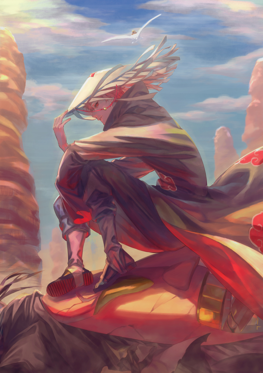 2boys, akatsuki_uniform, bird, blonde_hair, blue_sky, boots, cloak, cloud