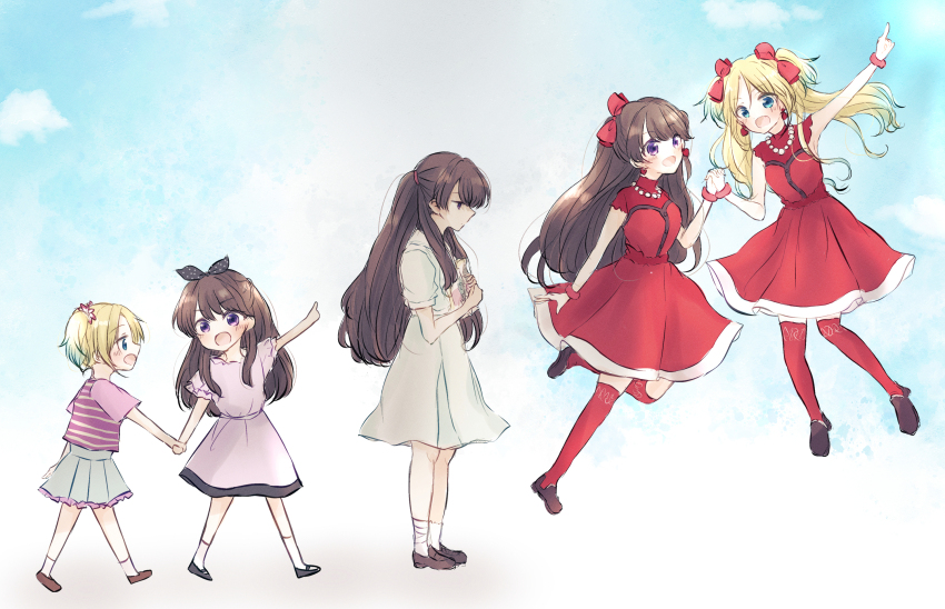 2girls, :d, age_progression, aqua_hair, bandaged_leg, bandages, baran._(ba_ra_ran), bead_necklace, beads, black_footwear, blonde_hair, blue_background, blue_eyes, blush, book, bow, brown_hair, brown_shoes, child, closed_mouth, commentary_request, do!_do!_do!_(love_live!), dress, earrings, empty_eyes, fujishima_megumi, fujishima_megumi_(young), gradient_background, gradient_hair, grey_skirt, hair_bow, hasu_no_sora_school_uniform, highres, holding, holding_book, holding_hands, interlocked_fingers, jewelry, link!_like!_love_live!, loafers, long_hair, love_live!, multicolored_hair, multiple_girls, necklace, open_mouth, osawa_rurino, osawa_rurino_(young), over-kneehighs, parted_bangs, pink_dress, pleated_dress, pleated_skirt, pointing, pointing_up, purple_eyes, red_bow, red_dress, red_scrunchie, red_socks, sailor_collar, sailor_dress, school_uniform, scrunchie, shirt, shoes, short_hair, short_sleeves, skirt, smile, socks, striped_clothes, striped_shirt, summer_uniform, thighhighs, twintails, virtual_youtuber, white_background, white_dress, white_sailor_collar, white_socks, wrist_scrunchie