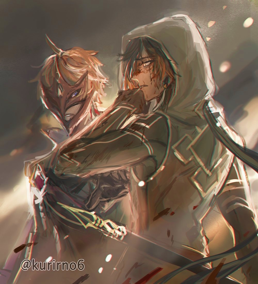 2boys, blood, blood_on_face, genshin_impact, holding, holding_weapon, kurirno6, looking_at_another