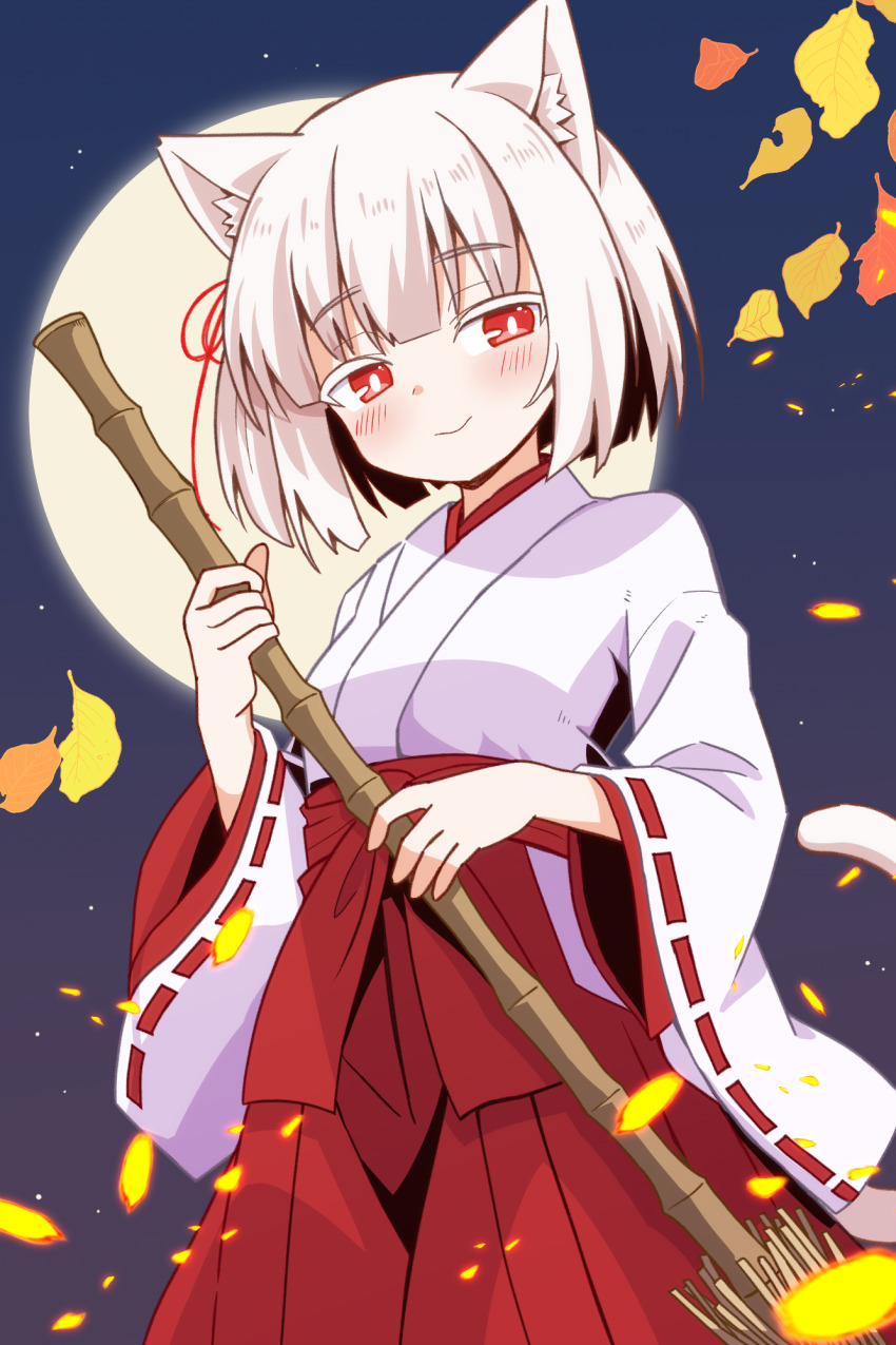 1girl, :>, albino, animal_ears, autumn_leaves, bamboo, blush, broom