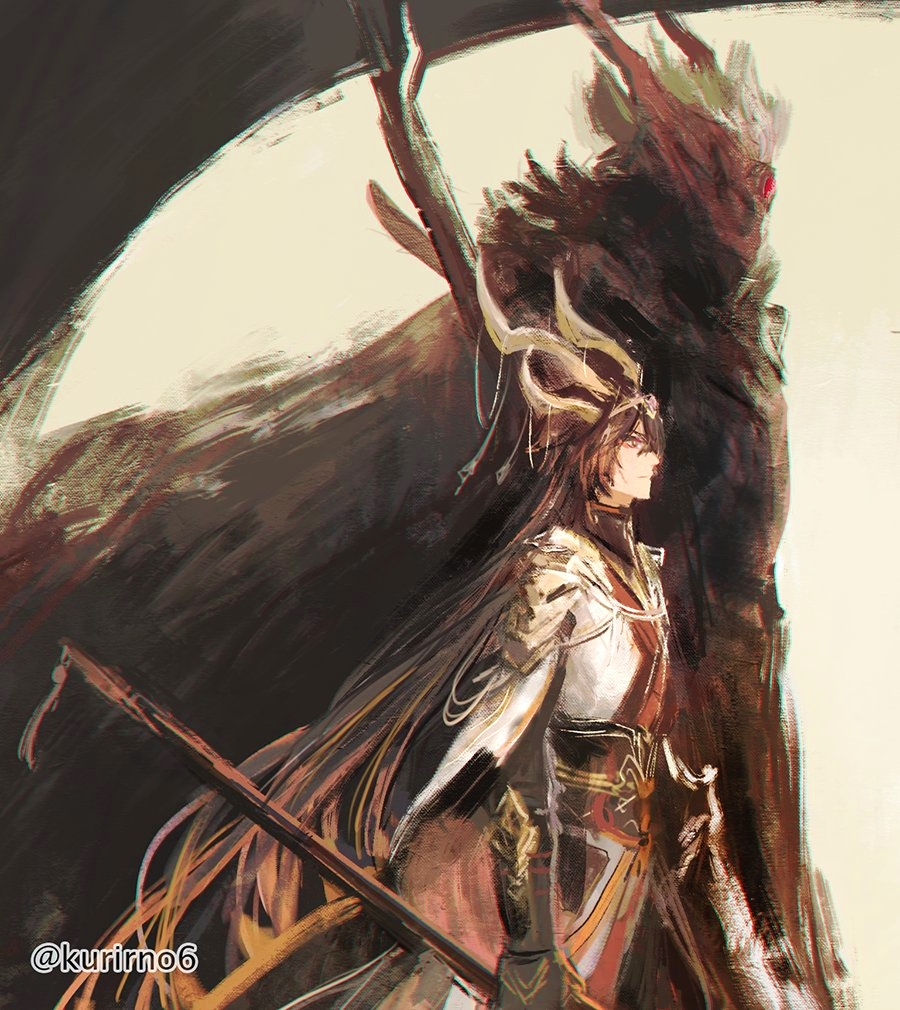 2boys, alternate_costume, alternate_hairstyle, chinese_clothes, dragon_horns, foul_legacy_transformation, genshin_impact, hanfu, holding, holding_weapon, horns, kurirno6, long_hair, multiple_boys, size_difference, tartaglia_(genshin_impact), twitter, weapon, white_background, yaoi, zhongli_(archon)_(genshin_impact), zhongli_(genshin_impact)