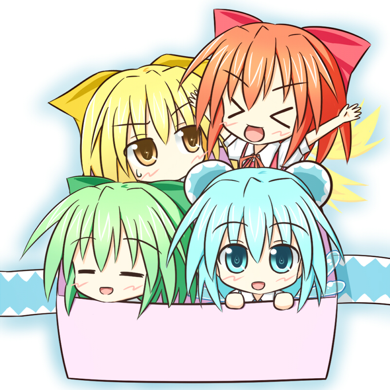 >_<, 4girls, :d, =_=, achi_cirno, alternate_color, alternate_element, alternate_hair_color