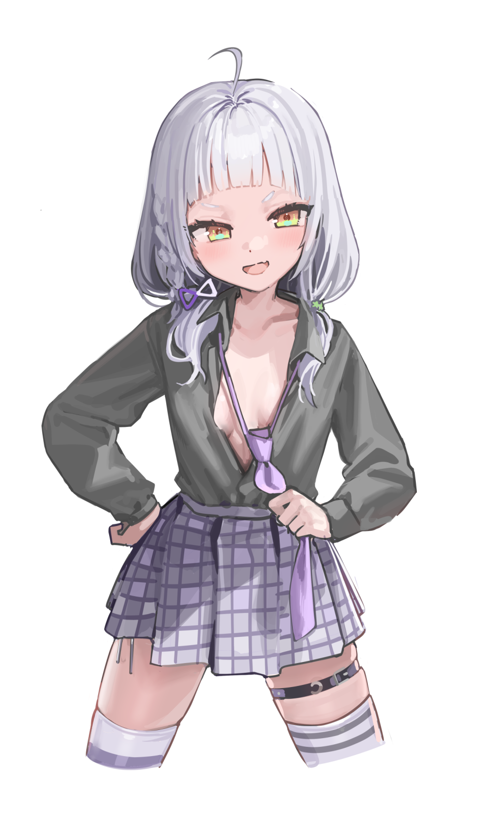 1girl, ahoge, black_shirt, blunt_bangs, blush, braid, breasts, collarbone