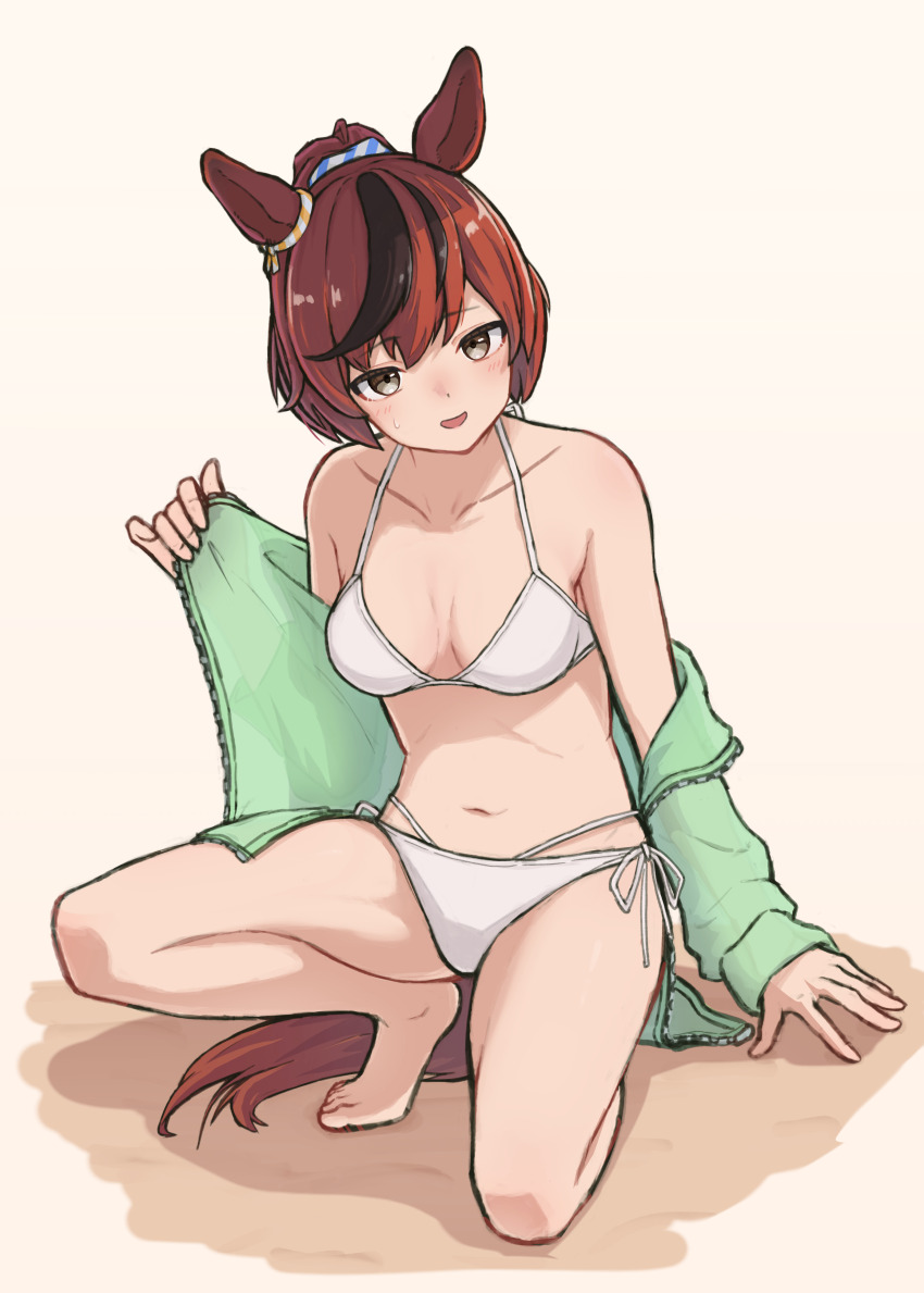 1girl, absurdres, alternate_costume, animal_ears, bare_shoulders, bikini, blush, breasts