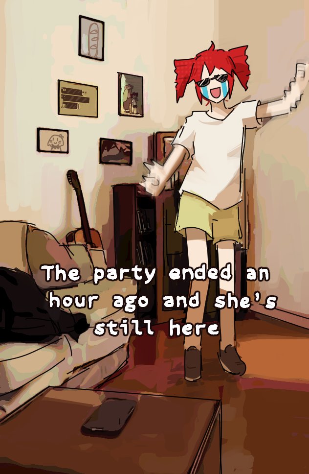 1girl, acoustic_guitar, ahoge, alternate_costume, brown_shorts, caption, cellphone, chiccha_na_watashi_(synthesizer_v), clenched_hands, coffee_table, couch, crying, dancing, drill_hair, eletenshi, english_text, facing_viewer, full_body, guitar, house, indoors, instrument, kasane_teto, kuronuri_sekai_ate_shokan_(utau), liar_dancer_(synthesizer_v), living_room, motion_blur, open_mouth, phone, picture_frame, portrait_(object), red_hair, shirt, shoes, short_hair, short_sleeves, shorts, smartphone, smile, solo, standing, streaming_tears, sunglasses, t-shirt, table, tears, twin_drills, utau, white_shirt